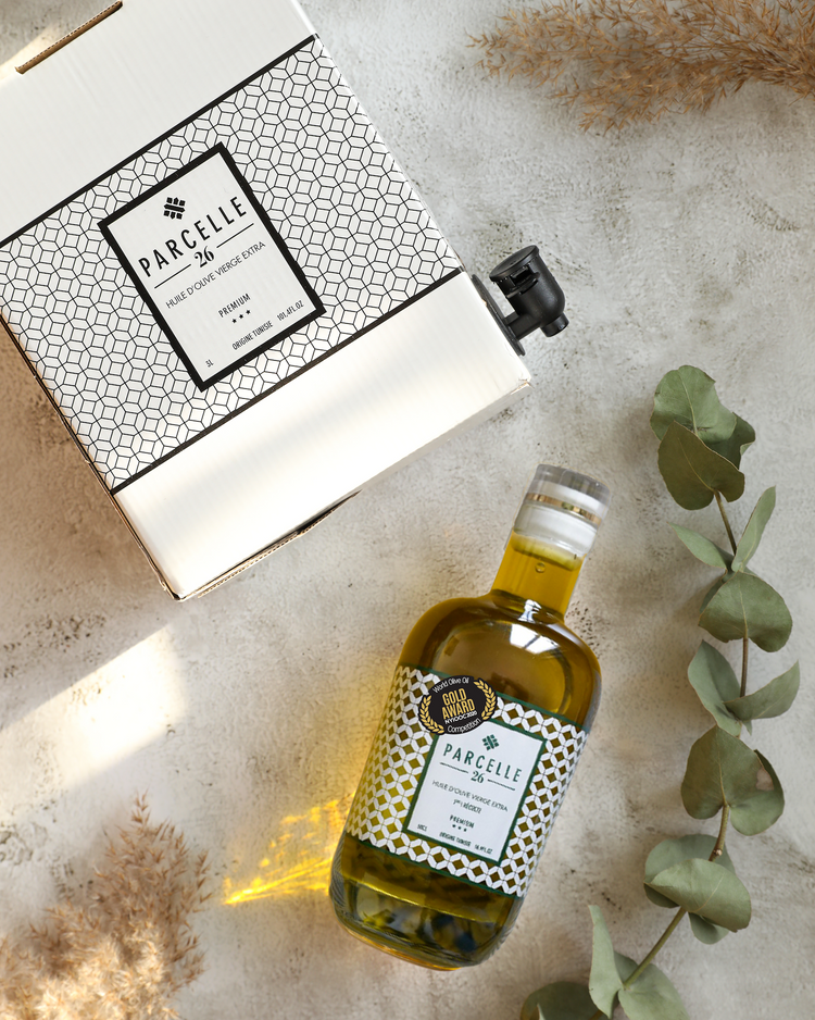 Bag in box et bouteille 50cl huile d'olive extra vierge 1ère Récolte Parcelle 26