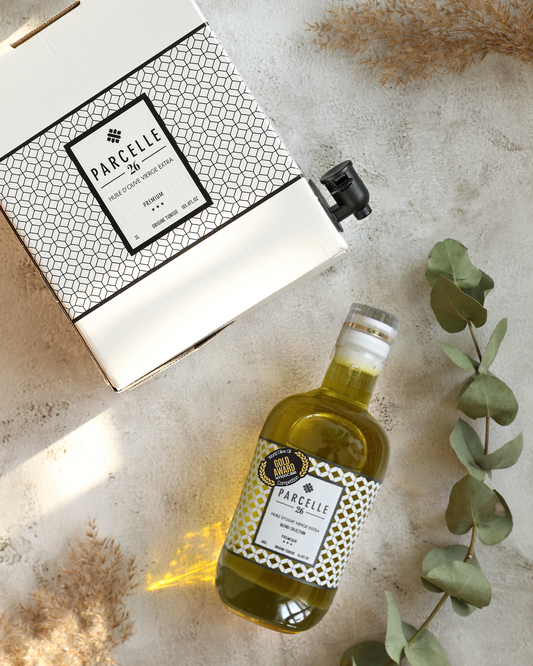 Bag in box et bouteille 50cl huile d'olive extra vierge 1ère Récolte Parcelle 26